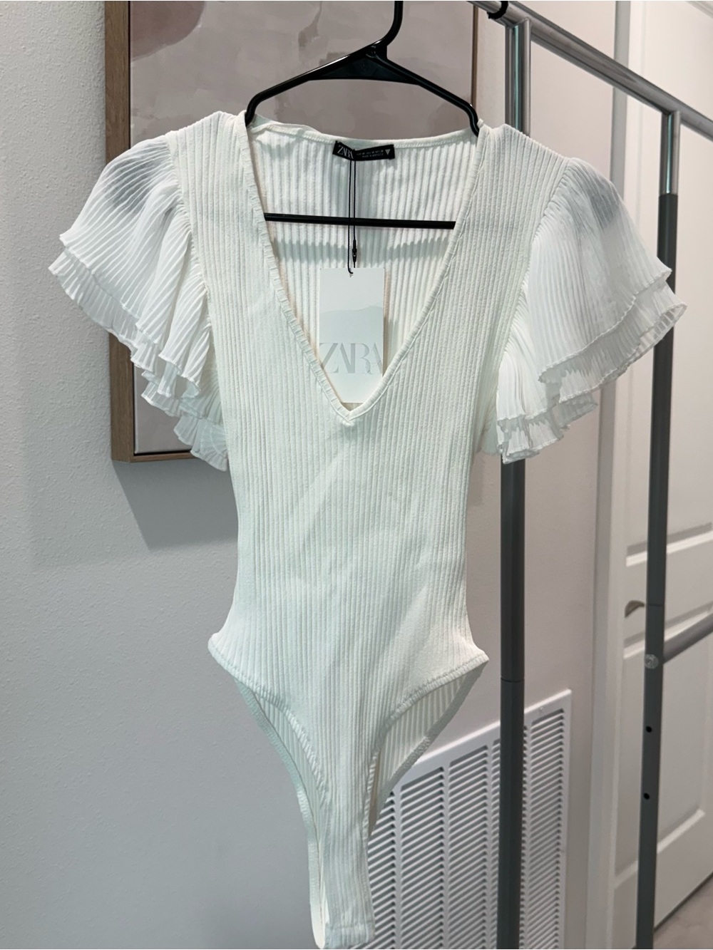 ZARA Cream Ribbed One-Piece with Flutter Ruffle Sleeves - Picture 1 of 5
